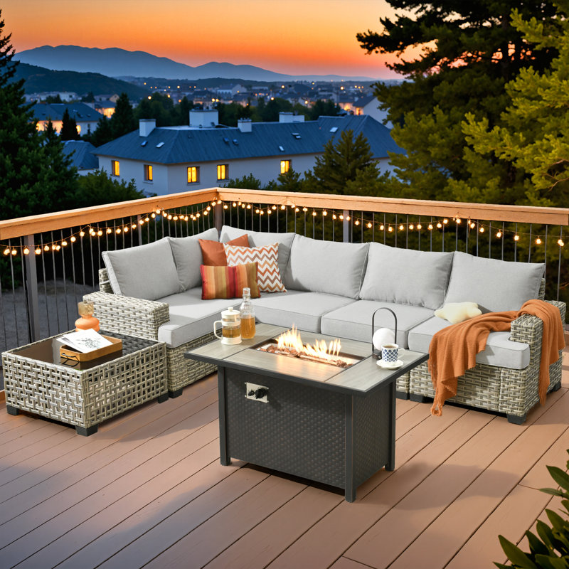4 - Person Rattan Outdoor Seating Group With Cushions And Fire Pit Table, Light Gray