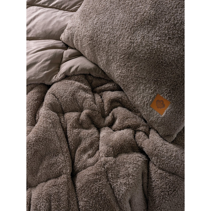 Everly Teddy Fleece Comforter Set, Twin Quilt + 1 Pillow, Beige