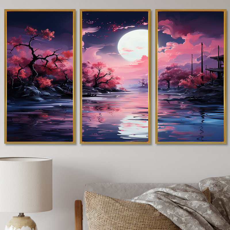 Pleine lune, ciel rose, ensemble de décorations murales lac Cherry Blossom, Cadre flottant doré, H 28 po x l 36 po x P 1 po