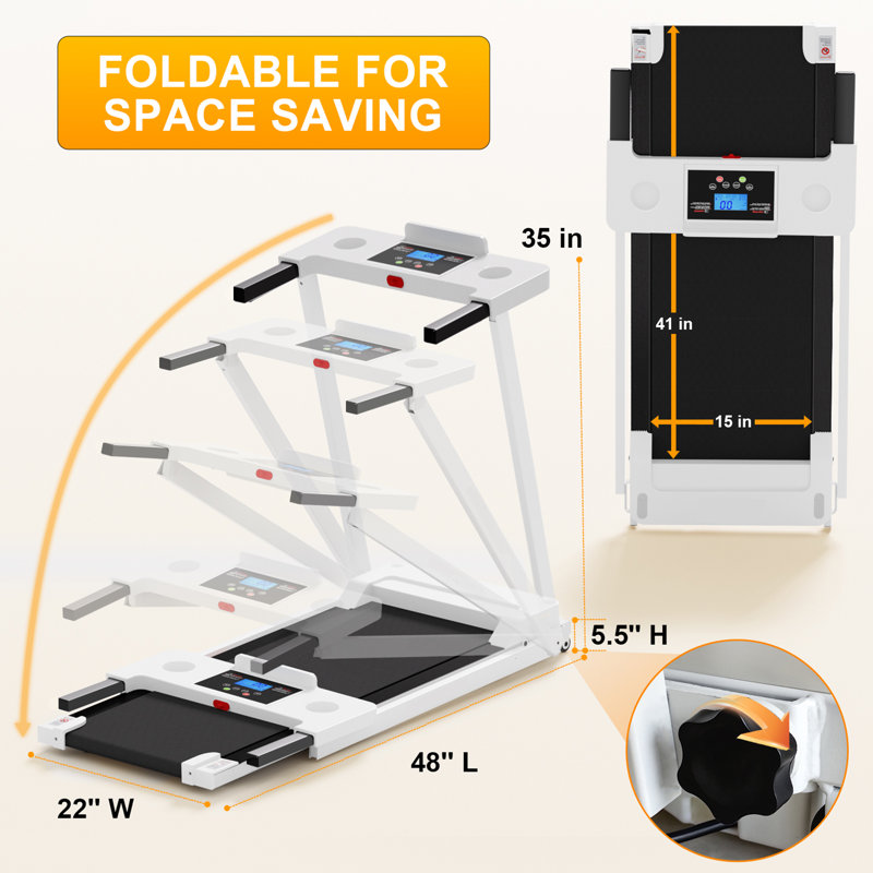 Tapis roulant pliable pour la maison, tapis roulant portable de 3,0 ch avec une capacité de poids de 300 lb pour la course à pied, blanc