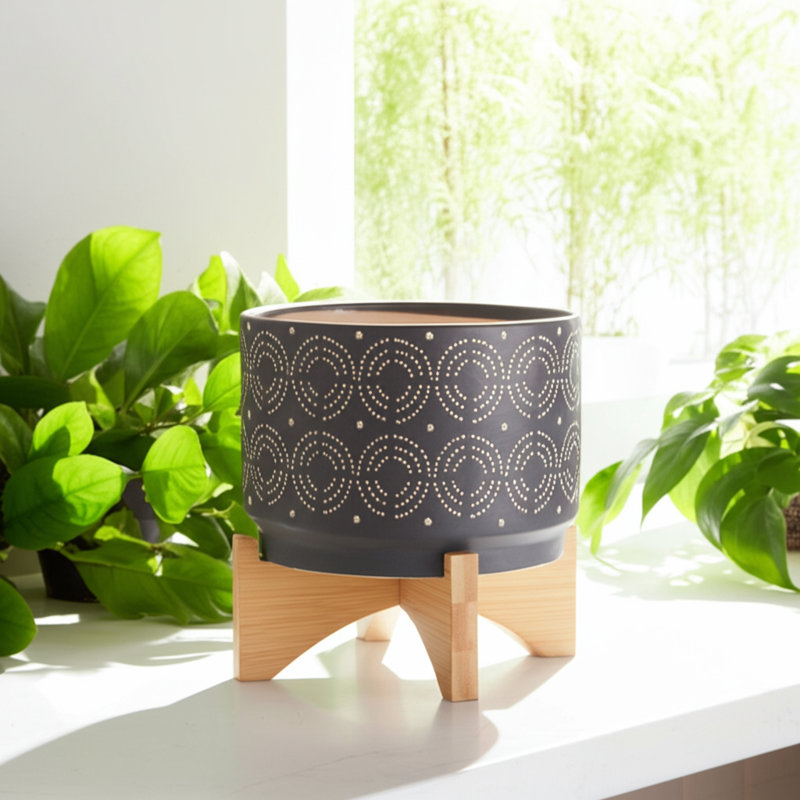 Pot à fleurs en céramique avec support en bois St. Charles - Pot décoratif moderne pour plantes d'intérieur, Gris, Tourbillon