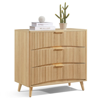 Large Fluted Nightstand With 3 Drawer, Mid Century Modern Small Dresser For Bedroom, Natural Oak by Loon Peak