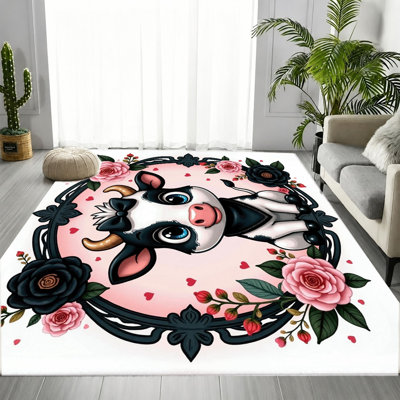 Pink Rose Cow Print Area Rug, Cute Cartoon Floral Pattern, Machine Washable Non-Slip Floor Mat, Indoor Home Decor for Living Room, Bedroom, Entryway, Kitchen, Balcony, Apartment