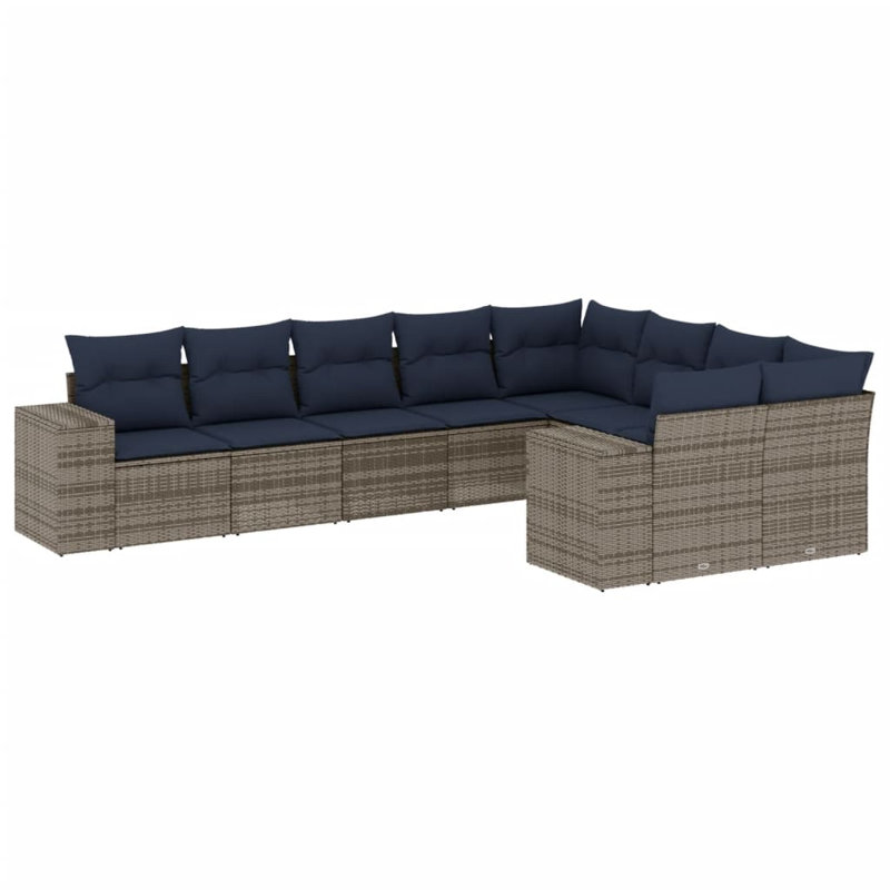 Latitude Run® 9 Piece Patio Sofa Set With Cushions Black Poly Rattan, Navy Blue Cushion/ Gray Frame