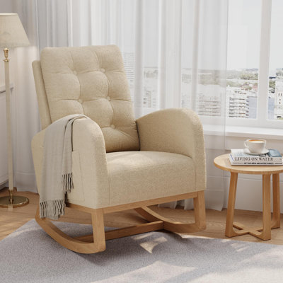 Stuffed Fleece Upholstery Glider with Sturdy Wood Legs, Modern High-Back Nursery Rocking Chair for Living Room or Bedroom, Light Brown (No Footrest)