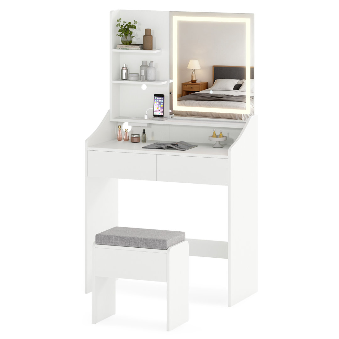 Black Vanity Desk Set With Mirror & Lights Makeup Table With Storage Stool