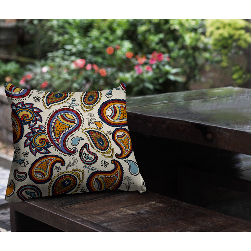 Coussin intérieur / extérieur réversible Hema Paisley, Carré 15 po, Orange / rouge / bleu