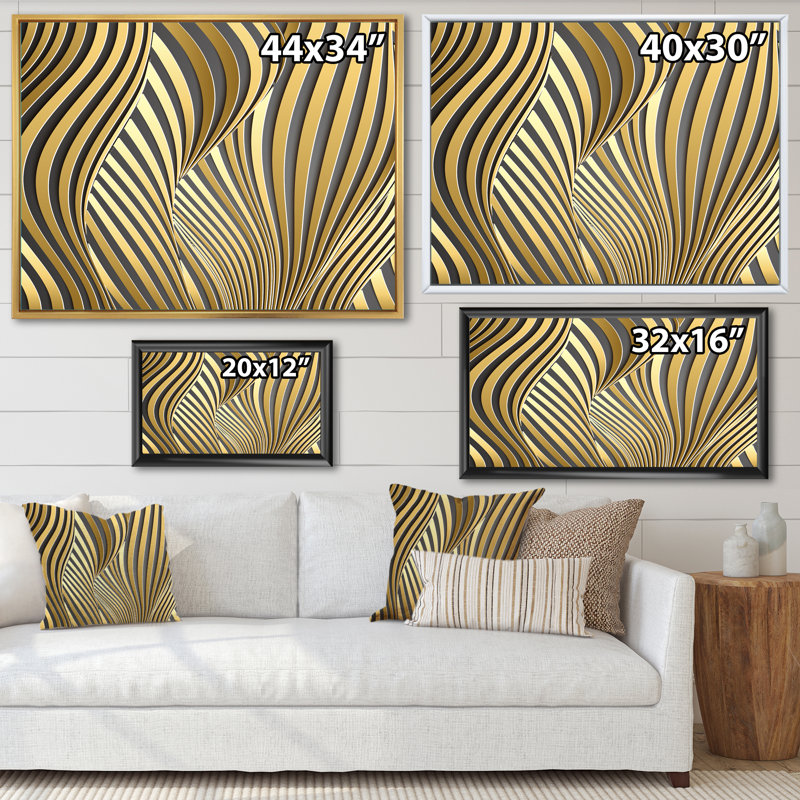 Wavy Luxury Gold Gradients I - peinture sur toile, H 34 po x l 44 po, Toile à cadre flottant doré