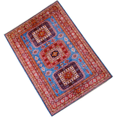 Wool Oriental Area Rug in Red/Light Blue/Orange