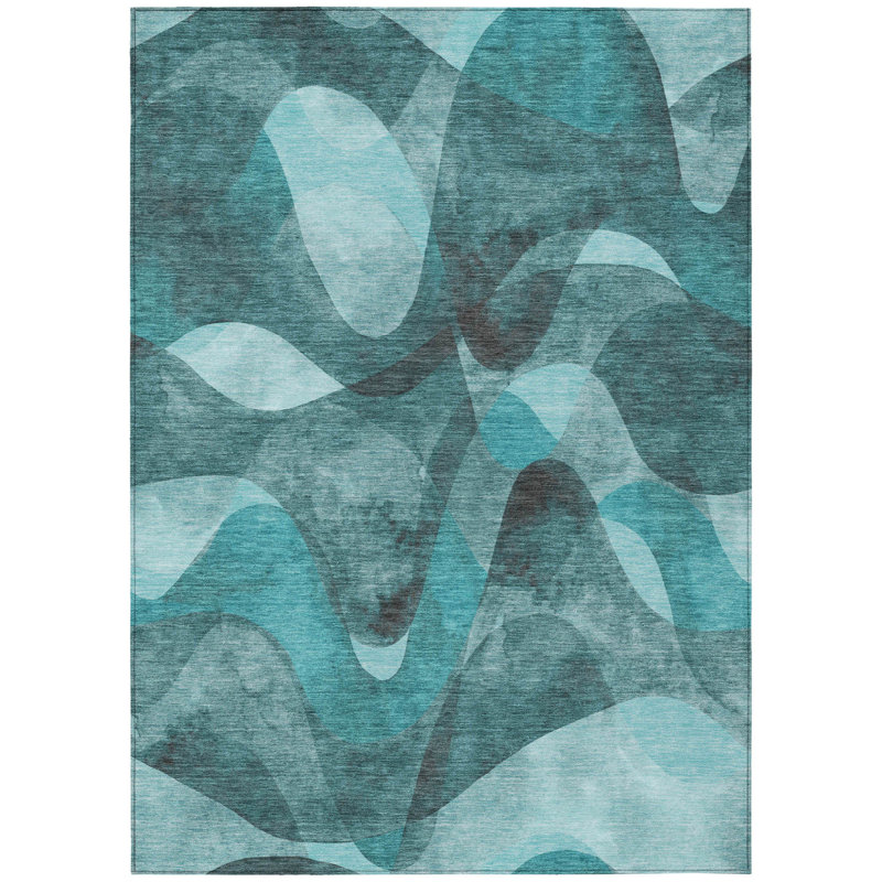 3' X 5' Teal Abstract Washable Non Skid Indoor Outdoor Area Rug