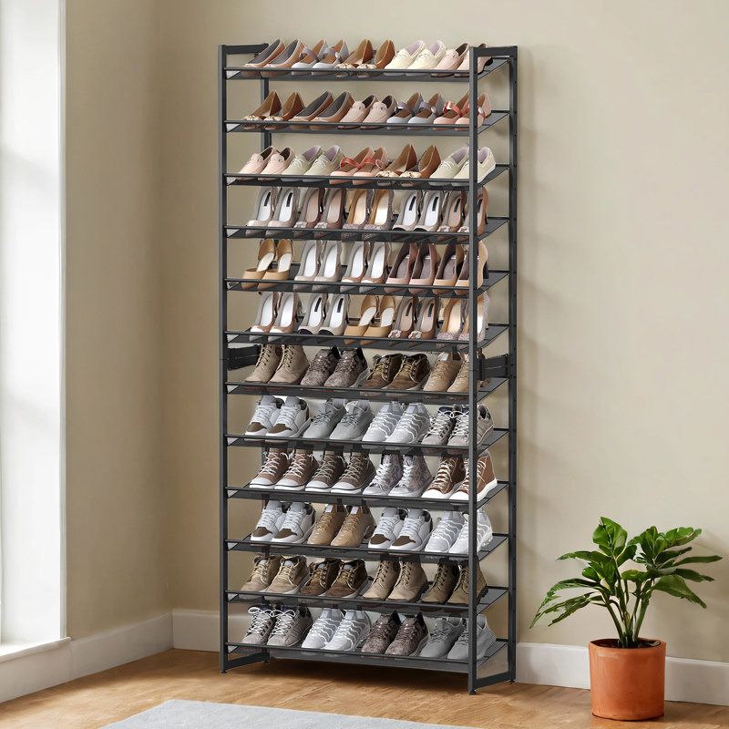Abbi 48-60 Pair Stackable Shoe Rack,  with Adjustable Flat or Angled Shelves, Black