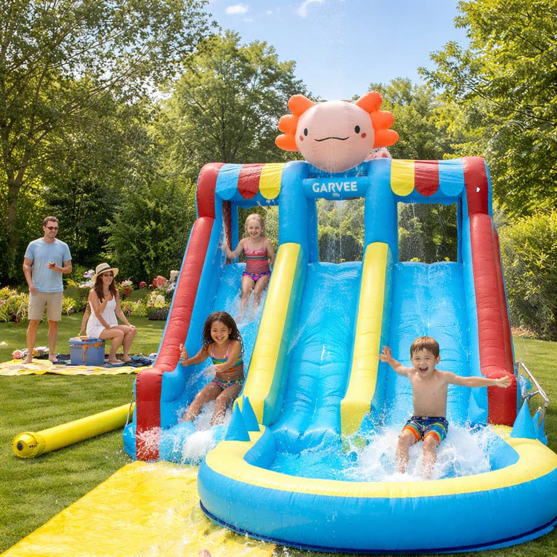 Parc aquatique gonflable sur le thème du dragon - glissade double, piscine, murs d'escalade et souffleur pour la cour arrière