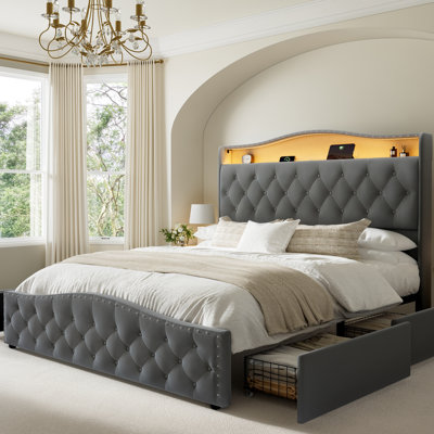 Upholstered Queen Bed Frame with 4 Storage Drawers and 52.5" Tall Headboard, Platform Bed with Charging Station & LED Light, No Spring Box Needed