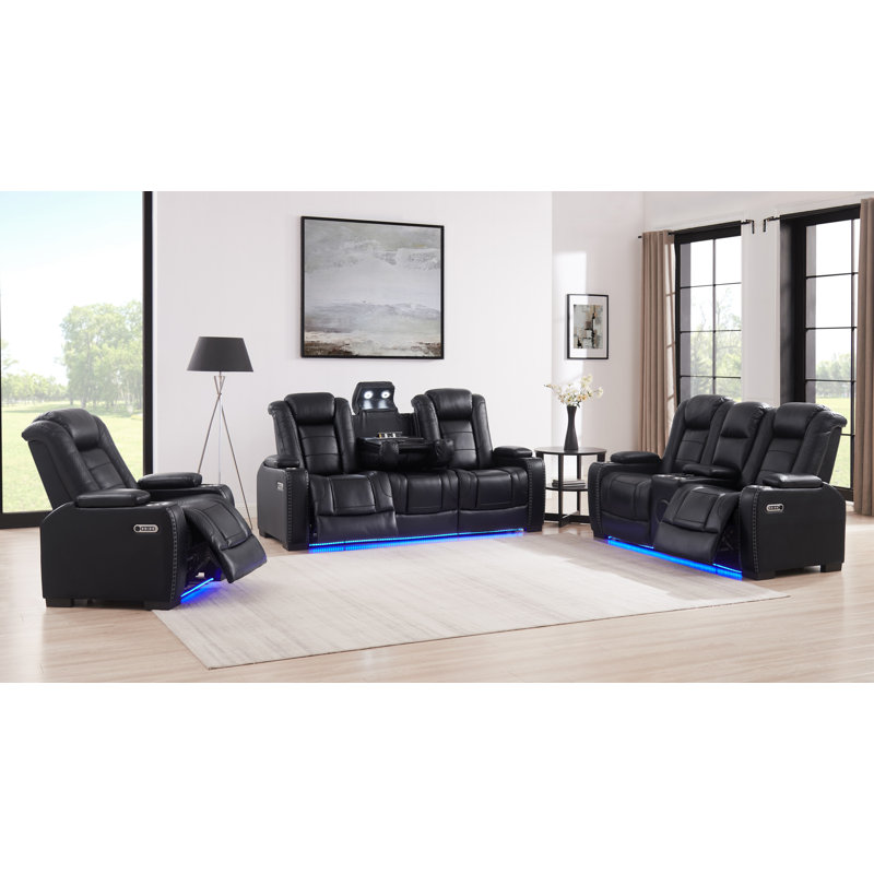 3 - Piece Power Reclining  Breathable Leather Living Room Set With Blueooth Speeker And Wireless Charger