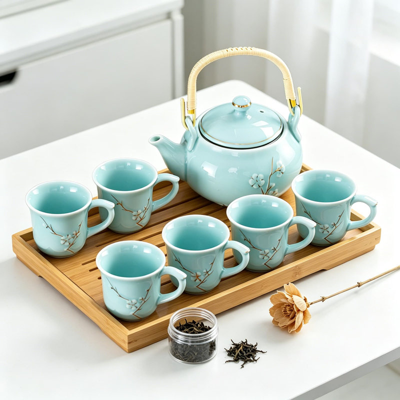 Service à thé en céramique Celadon avec motif en relief de fleurs de prunier, comprenant une théière, 6 tasses à thé anti-brûlure, un plateau à thé en bambou et une passoire pour la maison, l'extérieur et les cadeaux