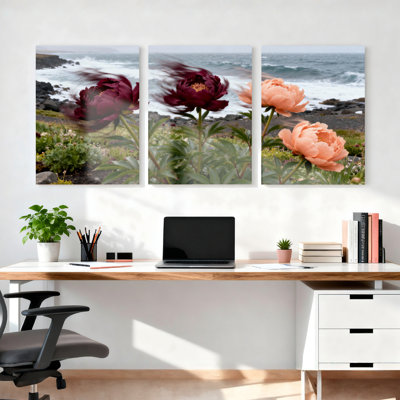 Pivoine fleurs océan côte, ensemble de 3 reproductions d'art sur toile tendues