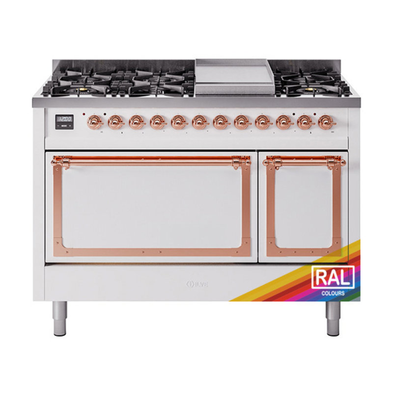 ILVE Nostalgie II Series Noblesse 48 inch Dual Fuel Range with 8 Sealed Burners (Glass Door), Copper, Liquid Propane