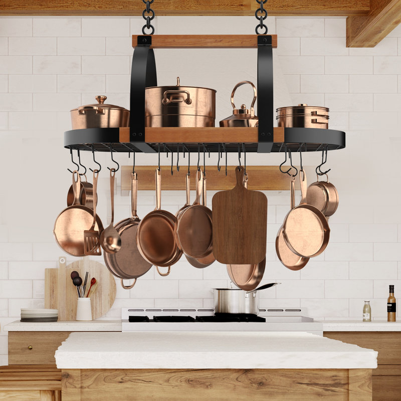 Grand support à casseroles suspendu naturel en bois massif naturel de 39 pouces avec 20 crochets noir mat, Matte Black