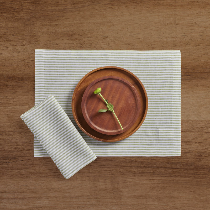 Avocado and White Striped Linen Dinner Napkins Set of 4