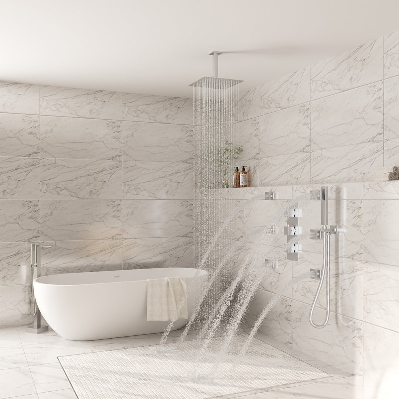 3-Function Ceiling Mounted Thermostatic Rainfall Shower System with 6 Body Jets and Rough-in Valve, Brushed Nickel
