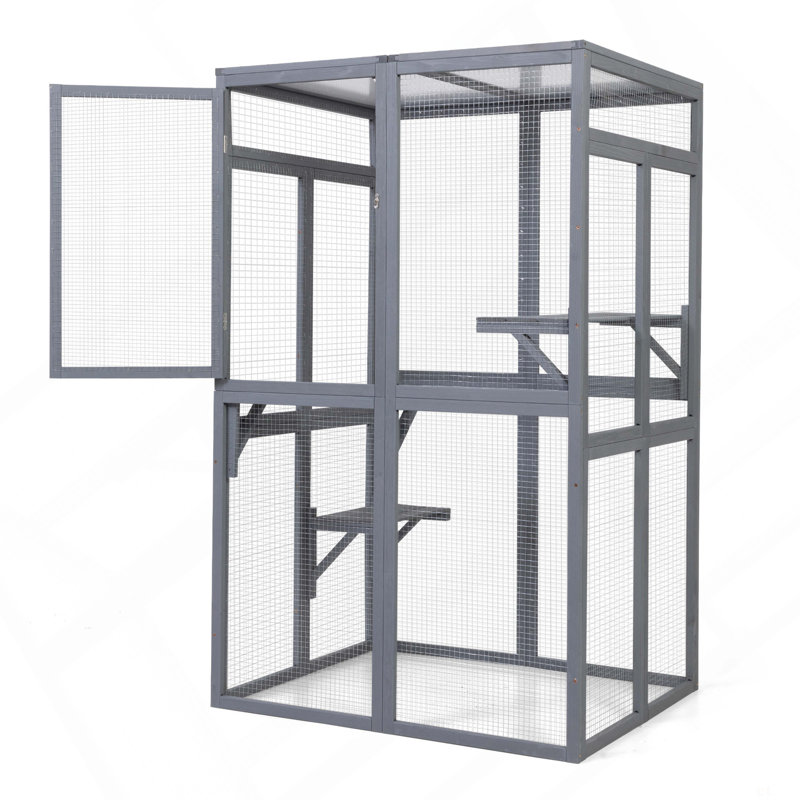 Catio en bois, enclos pour chat extérieur, maisonnette pour chat avec plateformes, planche de soleil, hamac, porte, cage de chaton, gris