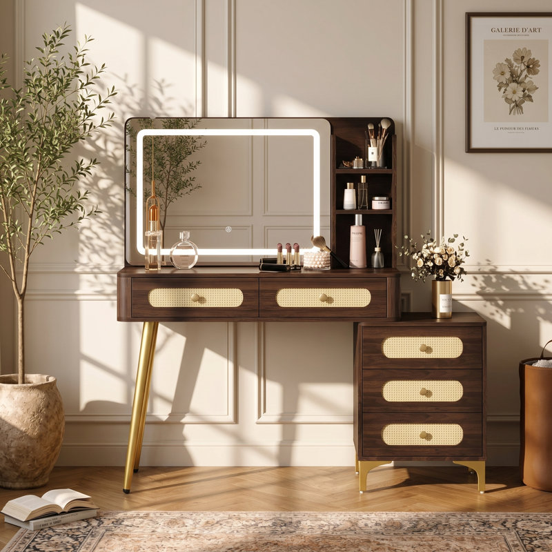47" Rattan-Textured Makeup Vanity Desk with Lighted Mirror, 13.8" Slim Depth Dressing Table, Boho Makeup Vanity with 5 Drawers and Storage Shelves