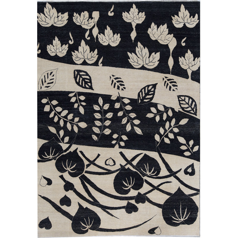 Tapis noir et ivoire de haute qualité noué à la main