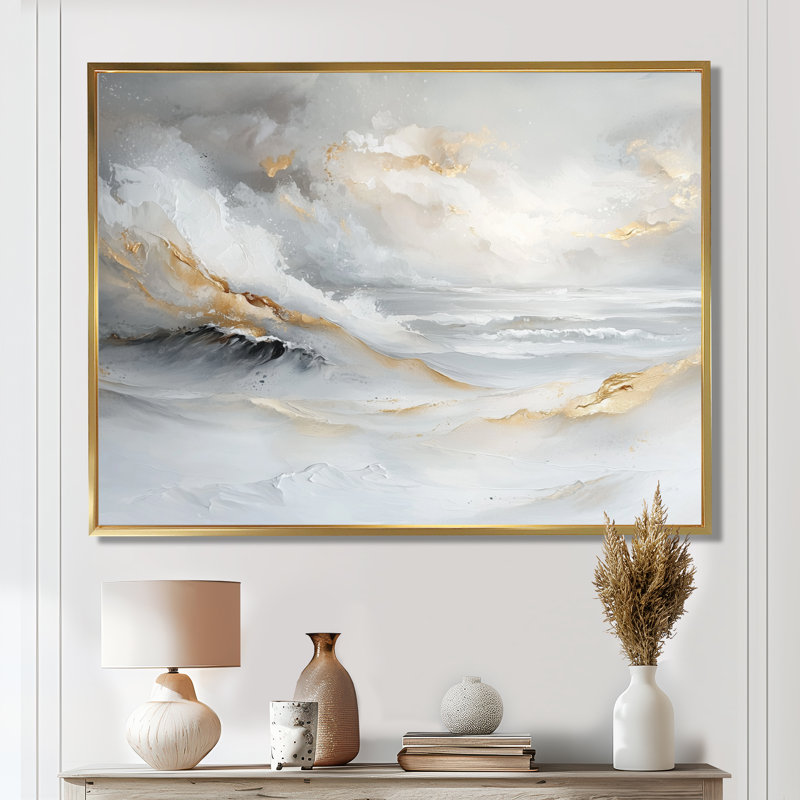 «Pure Golden Minimalisme Coastal Landscape II» - art mural plage côtière, H 24 po x l 32 po, Cadre flottant, Doré