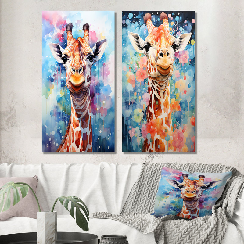 Portrait de girafe Pop Art - ensemble de salon mural girafe 2 pièces, H 28 po x l 25 po, Toile tendue