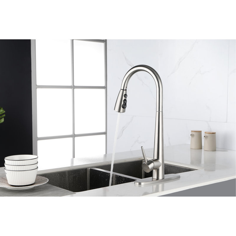 High Arc Single Handle Kitchen Faucet With Pull Down - Brushed Nickel, Stainless Steel, Deck Plate, Modern Style Nickel Simple Luxury