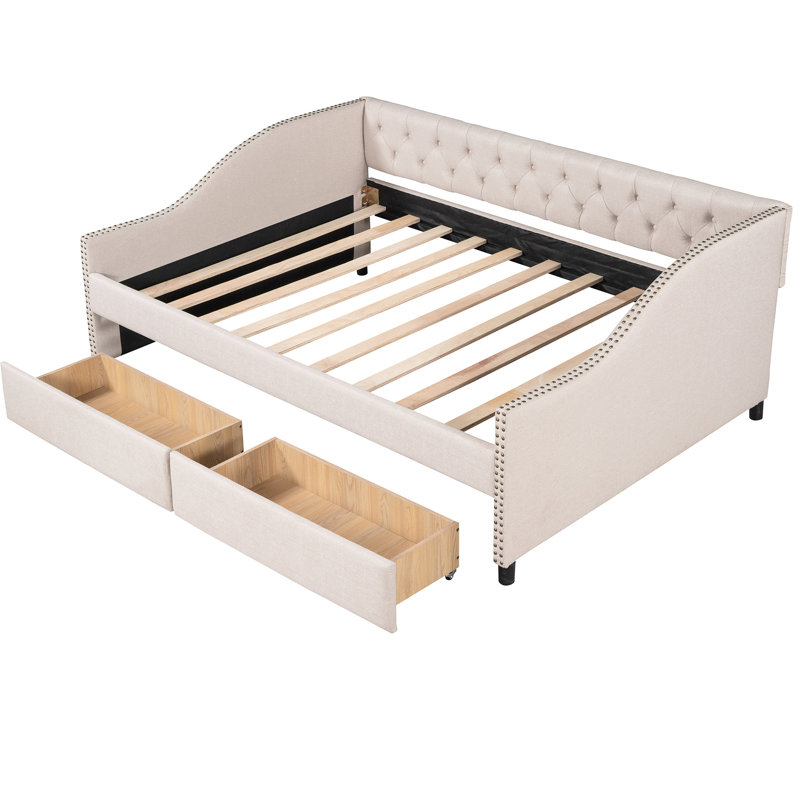 Lit de jour rembourré beige avec deux tiroirs de rangement fonctionnels et un support à lattes de bois - Améliorez votre maison et sa structure solide rend la chambre à coucher plus invitante