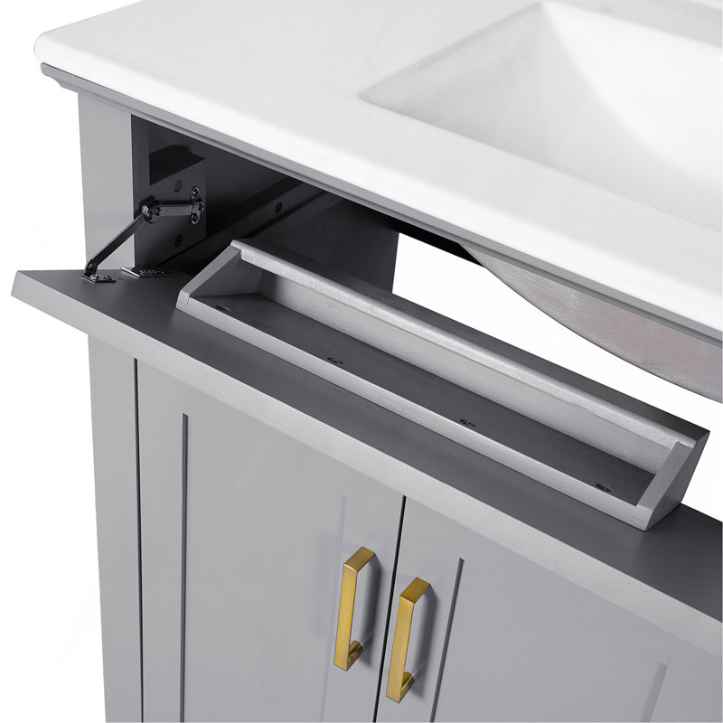 Meuble-lavabo moderne 36 po gris avec lavabo en céramique, portes à fermeture douce, 4 tiroirs de rangement, conception élégante pour les petites salles de bain
