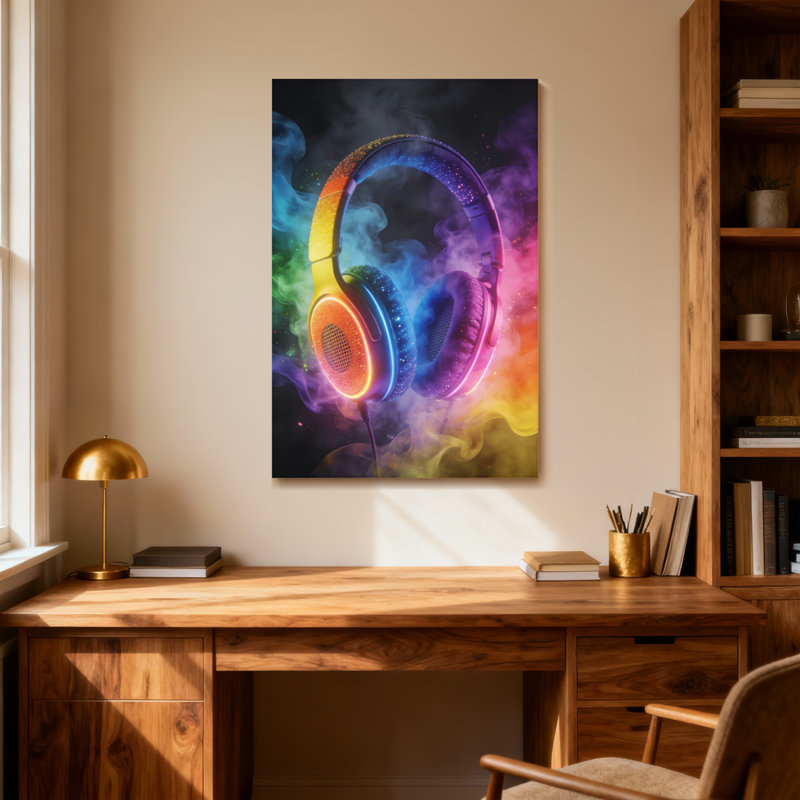 Abstrait casque coloré avec fond néon et fumée, H 24 po x l 16 po