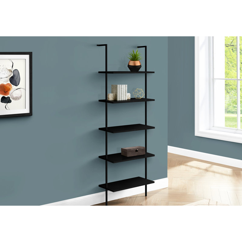 Bookshelf, Bookcase, Etagere, Ladder, 5 Tier, 72"H, Office, Bedroom, Black Laminate, Black Metal, Contemporary, Modern