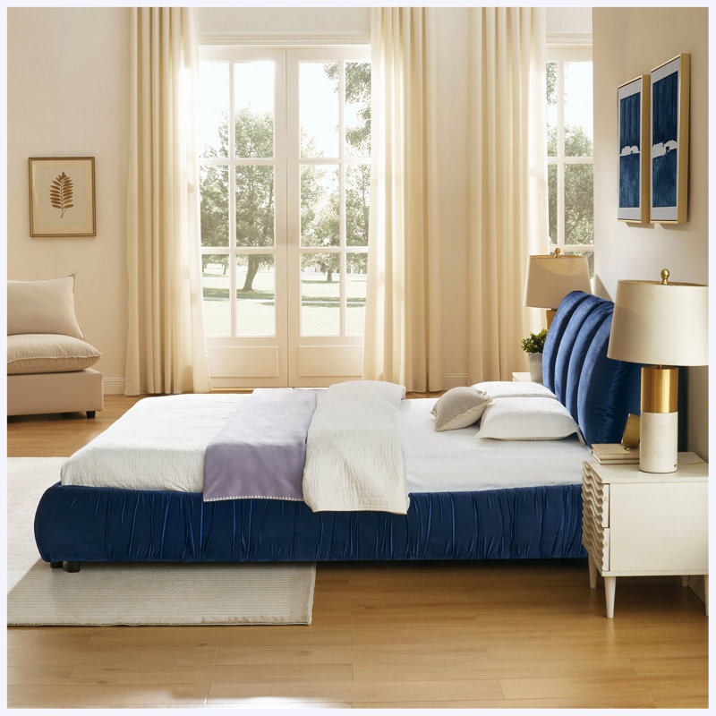 Cadre de lit plateforme tapissier en velours grand format, minimaliste moderne avec tête de lit segmentée moelleuse, bleu foncé