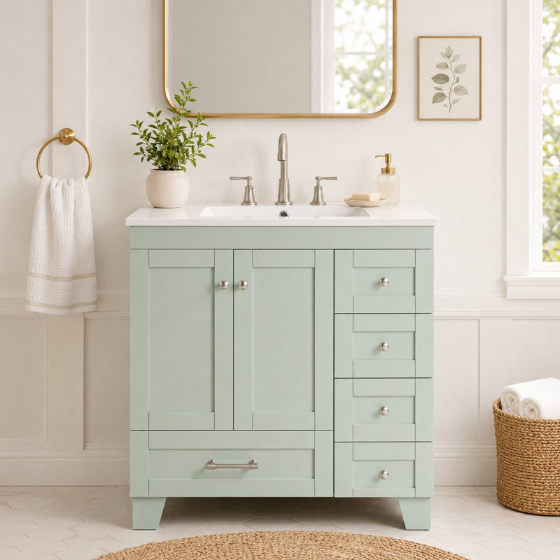 Meuble-lavabo en céramique vert clair 30 po x 18,6 po x 33,7 po avec rangement à plusieurs tiroirs