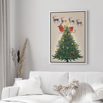 Festive Christmas Tree With Santa Sleigh and Reindeer Framed Canvas Master Bedroom Wall Art Work Print