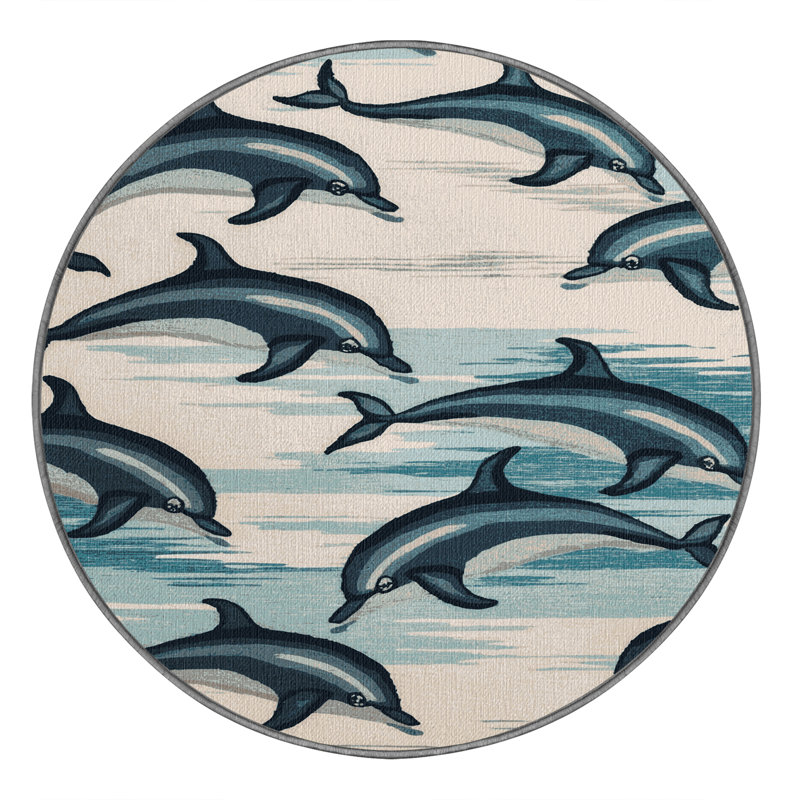  Washable Dolphin Pod Coastal Area Rug, Rond 6 pi