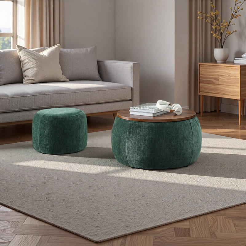 Repose-pieds rond avec rangement, fonction 2 en 1, comme table de bout et repose-pieds, avec petit siège (25 po x 25 po x 14,7 po)