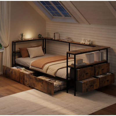 Cadre de lit simple d'angle Structure de lit plateforme simple en métal avec tiroirs de rangement Lit de jour simple pour enfants et adolescents, cadre de lit pour enfants, noir