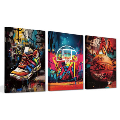 Basketball, art mural, impressions sur toile, chambre de garçons, décoration murale, affiches d'art graffiti encadrées, chambre à coucher moderne, ensemble de 3 décorations pour homme des cavernes (12 po x 16 po)