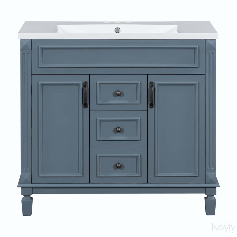 Leorn 35.1'' Single Bathroom Vanity with Resin Top with Mirror, Blue