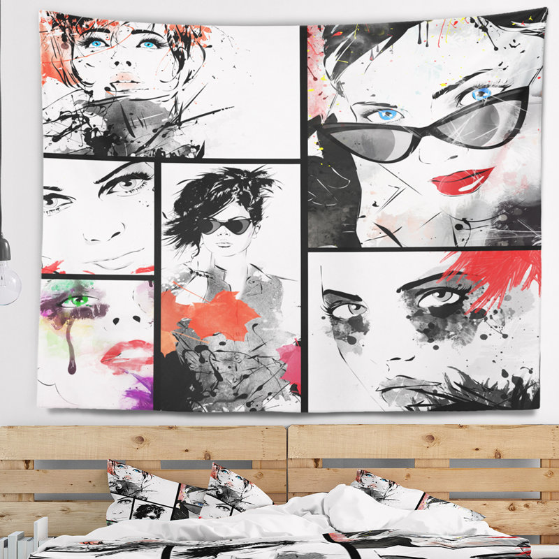 Portrait beaux visages collage tapisserie Abstract, H 32 po x l 39 po