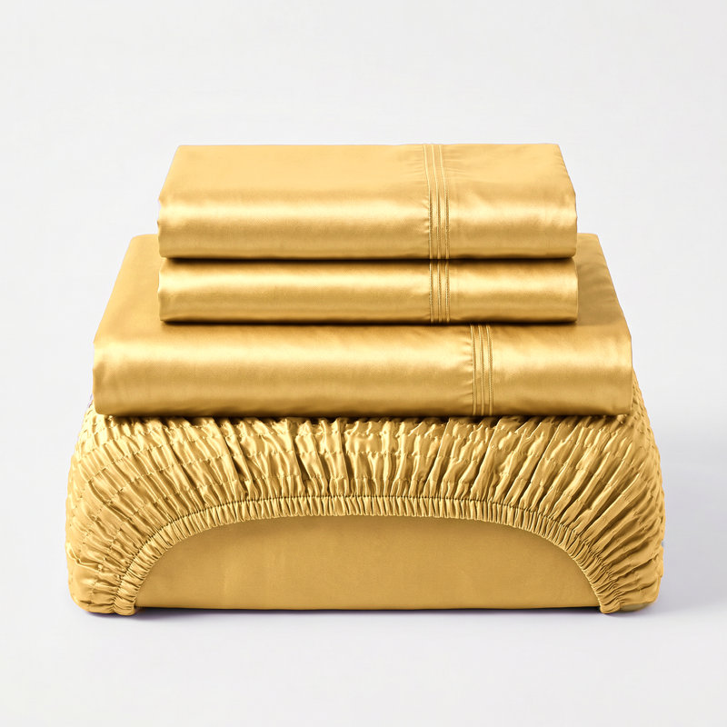 BedTite 4PC Silky Smooth Satin Sheet Set - Ultra Elastic Fits 7" to 20" mattresses, Full Sheet Set with 2 Pillowcases, Gold