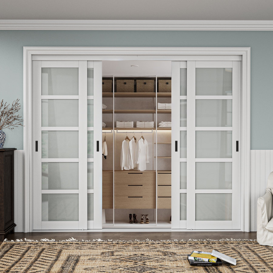 80" 5 - Lite Full-Assembled Frosted Glass Closet Sliding Door with Hardware & Handles (No Assembly Required)