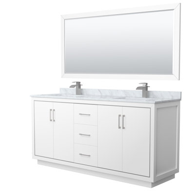 Meuble-lavabo double de 72 po Icon en bleu foncé, comptoir en marbre de culture de Carrare, lavabos carrés encastrés, garniture en nickel brossé, miroir authentique en marbre de 70 po