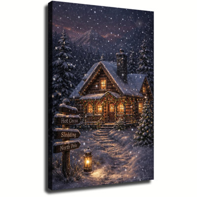 Cabane en bois rond avec lumières de Noël et panneau du pôle Nord dans une forêt de pins enneigée, tableau sur toile