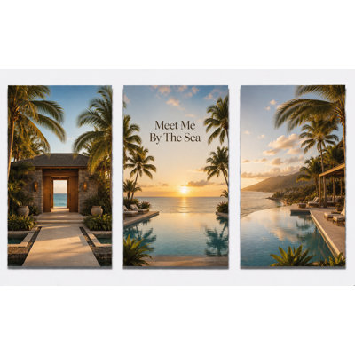 Très grand ensemble de 3 impressions murales sur un coucher de soleil tropical, plage paradis, impression sur toile, salon côtier, impression sur toile 24 x 36 pouces - prête à être accrochée