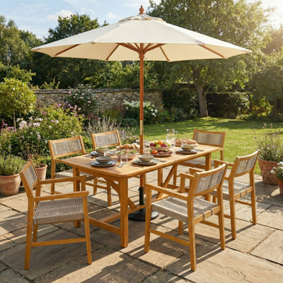 7 Piece Patio Dining Set With Rectangular Extendable Table & 6 Handwoven Chairs, 2” Umbrella Hole & Weather Resistant Outdoor Furniture Set For 6 - Natural
