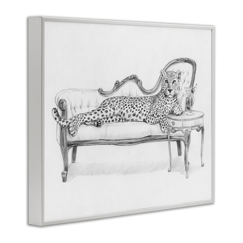 «Lounging Beast» guépard encadré, design par Victoria Barnes, H 11 po x l 14 po, Estampe numérique encadrée blanc bord de mer